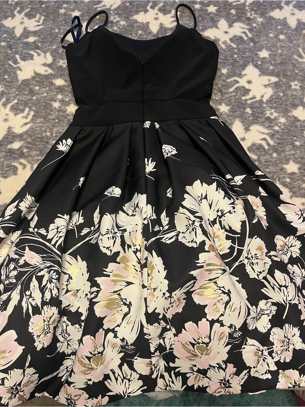 Xscape Black Floral Fit & Flare Dress with Pink and Cream Blooms